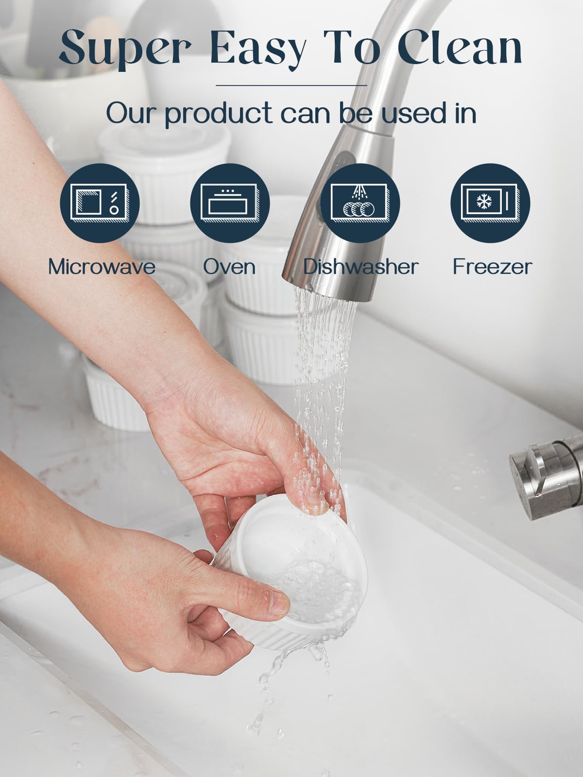 DOWAN stackable porcelain ramekins save space in your kitchen cabinet.