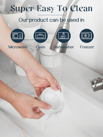 DOWAN stackable porcelain ramekins save space in your kitchen cabinet.