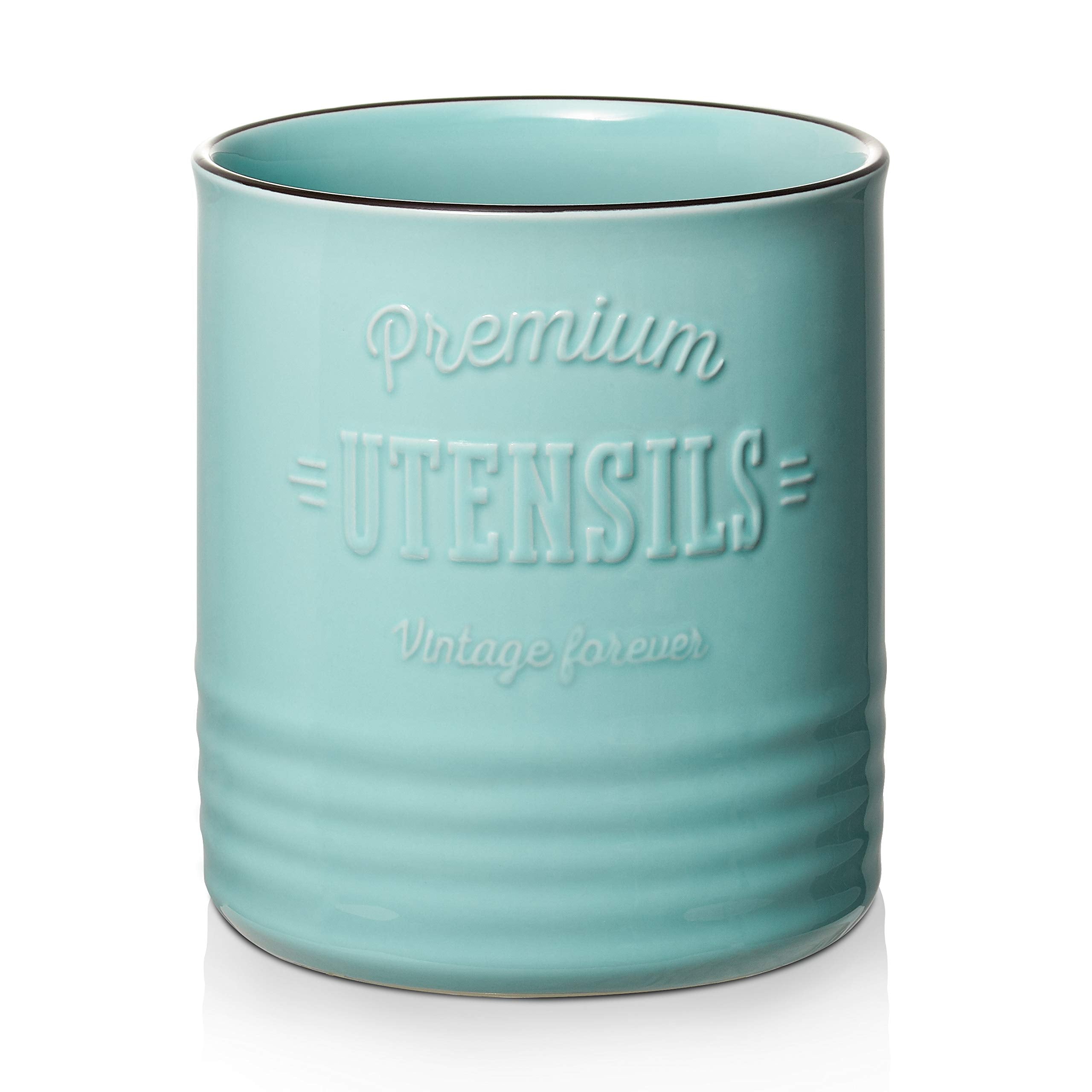 DOWAN extra large turquoise ceramic utensil holder on counter keeps utensils within reach
