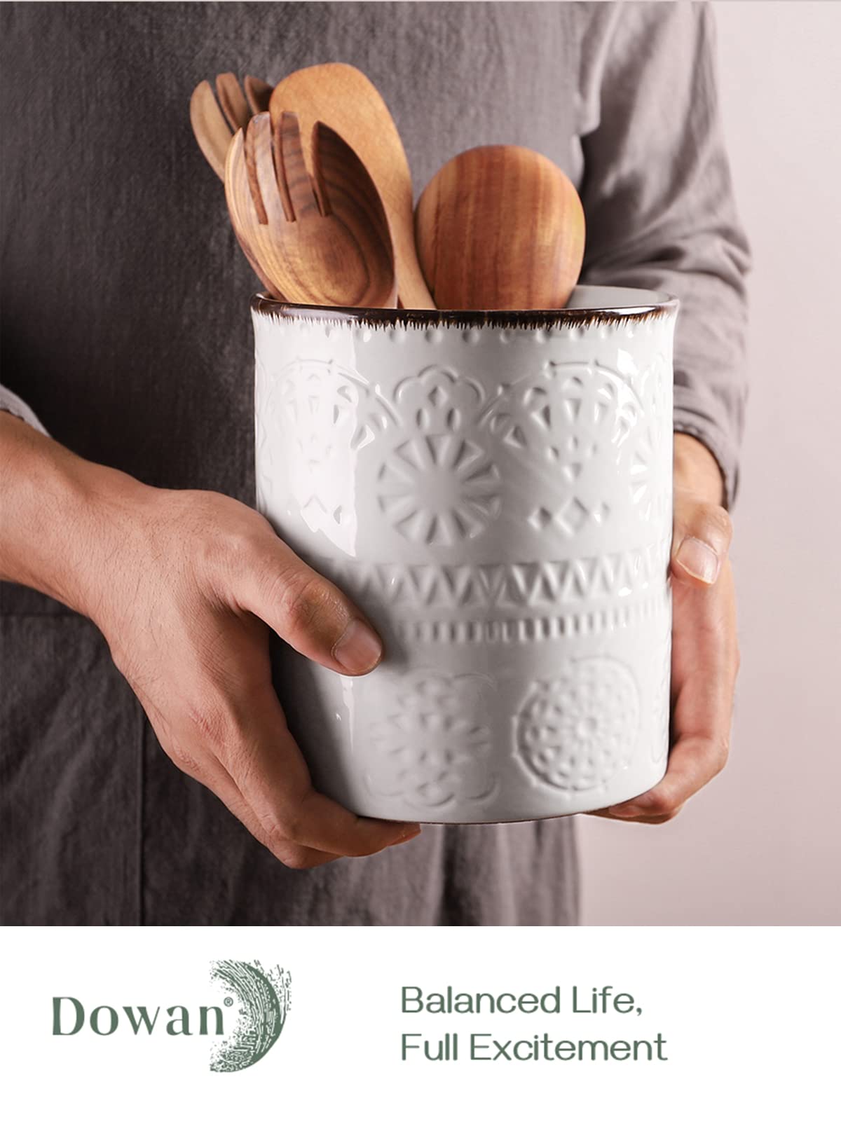 Dowan utensil holder front view showcasing tall ceramic design for long utensils.