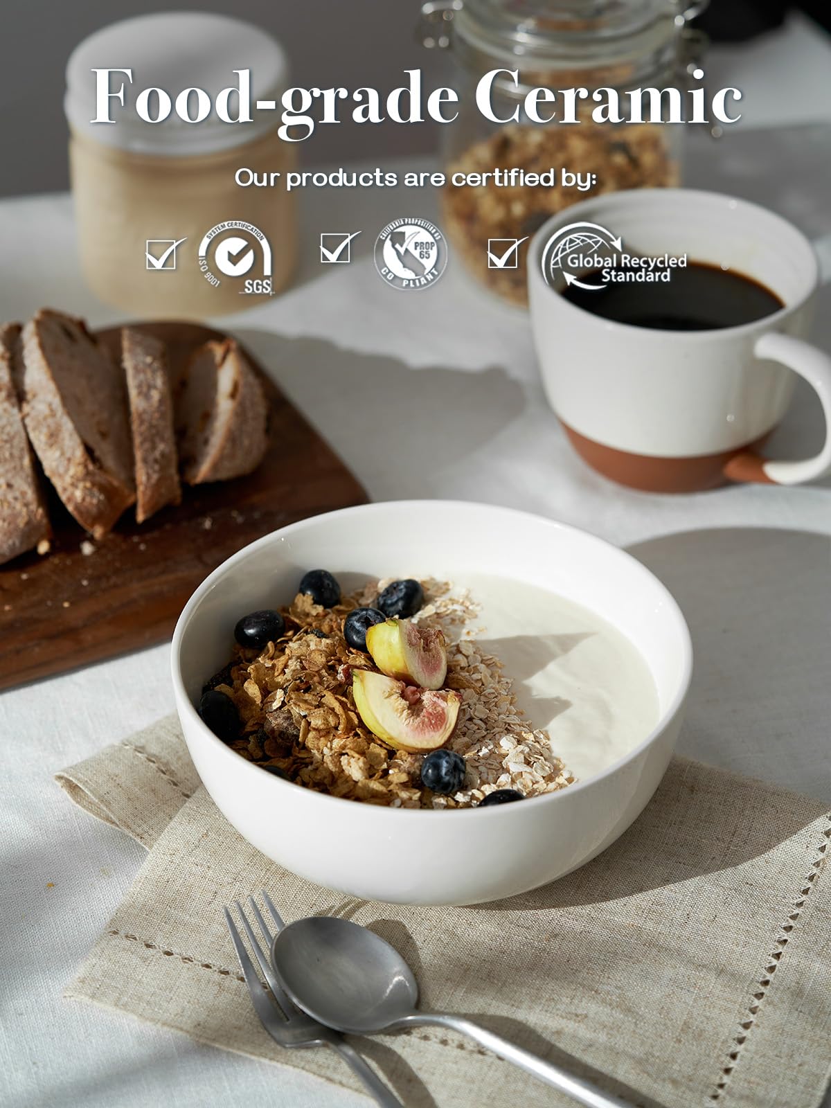 DOWAN white ceramic bowl close-up shows glossy, scratch-resistant glaze.