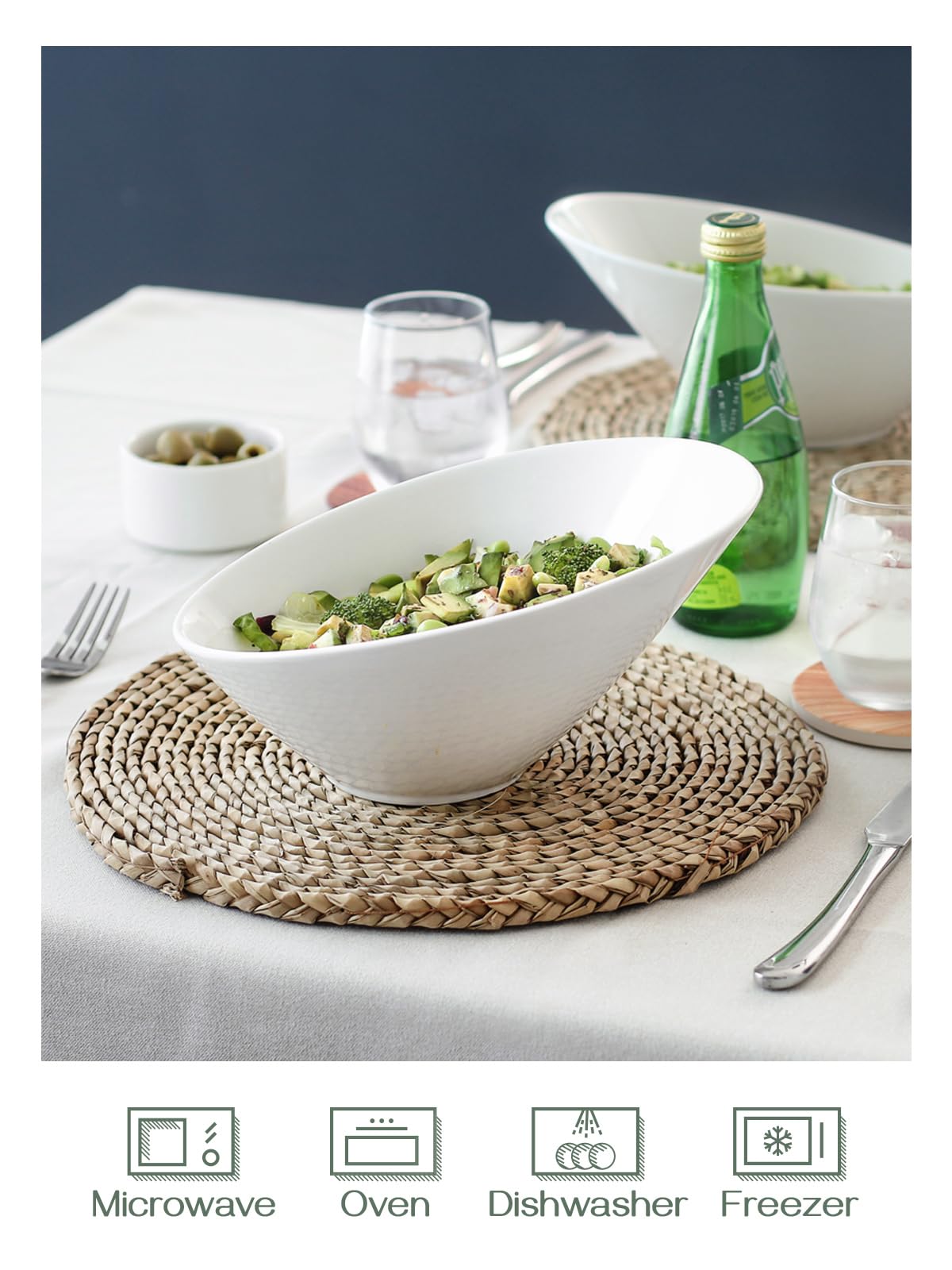 DOWAN white ceramic salad bowls, dishwasher and microwave safe for daily use