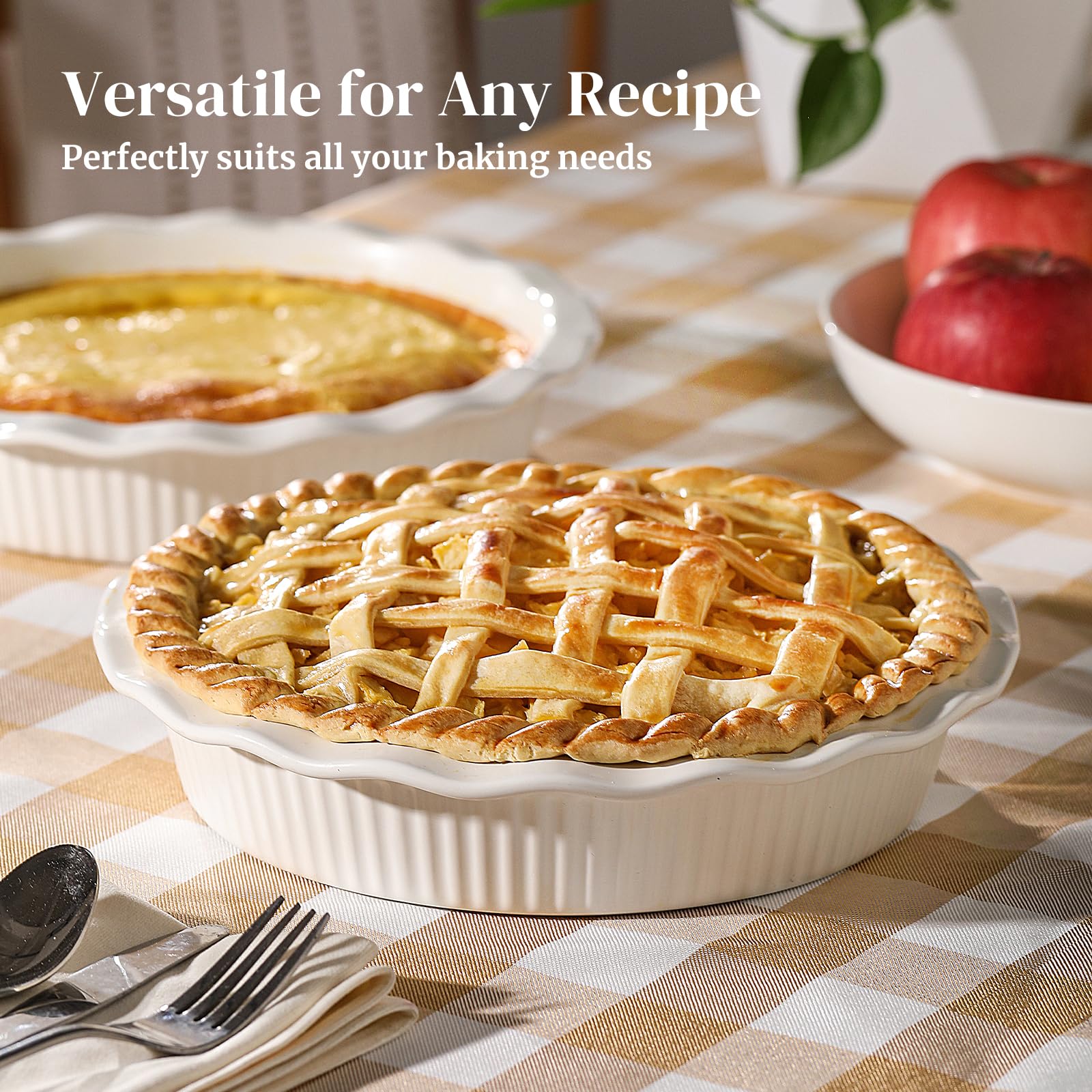 DOWAN white round baking dish adds timeless elegance to kitchen.