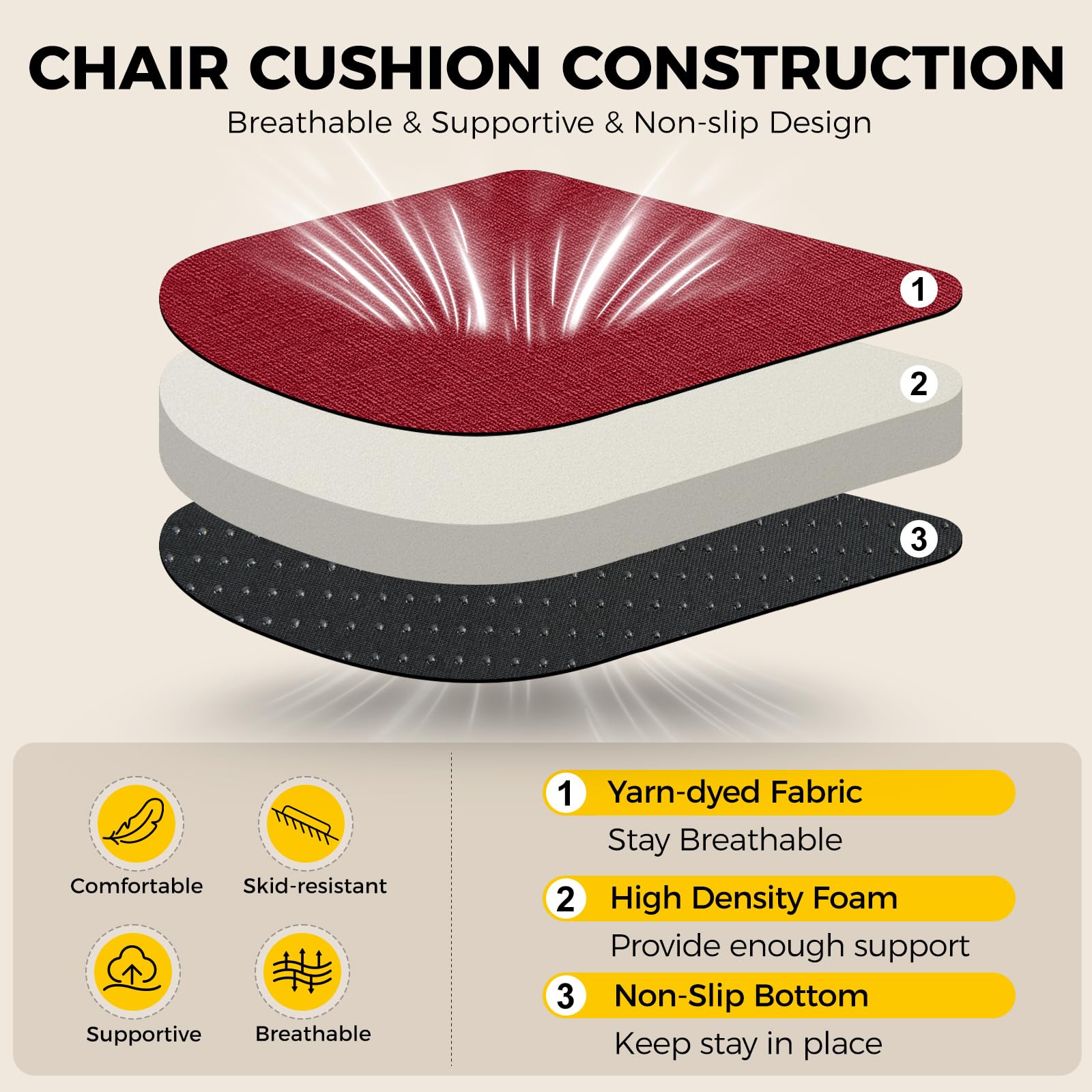 downluxe cushions with ties and non-slip bottom keep chairs in place.