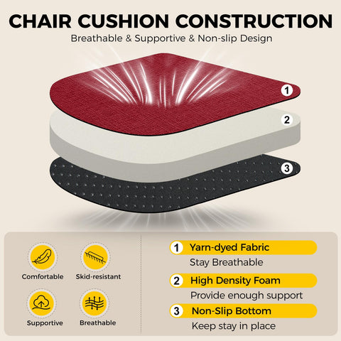 downluxe cushions with ties and non-slip bottom keep chairs in place.