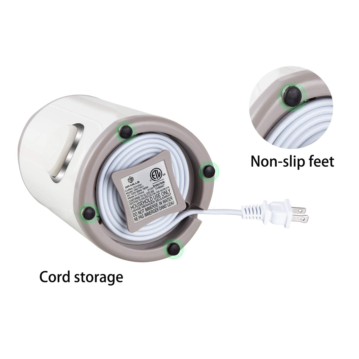 DR MILLS DM-7441W power cord storage under the base.