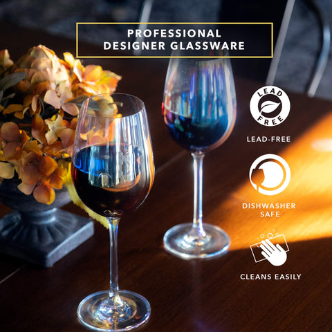Dragon Glassware iridescent red wine glass highlighting the shimmering finish.