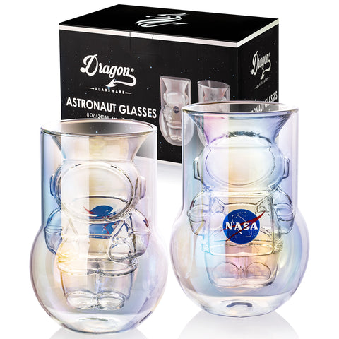 Dragon Glassware NASA Astronaut glasses showcase the NASA symbol for space enthusiasts.
