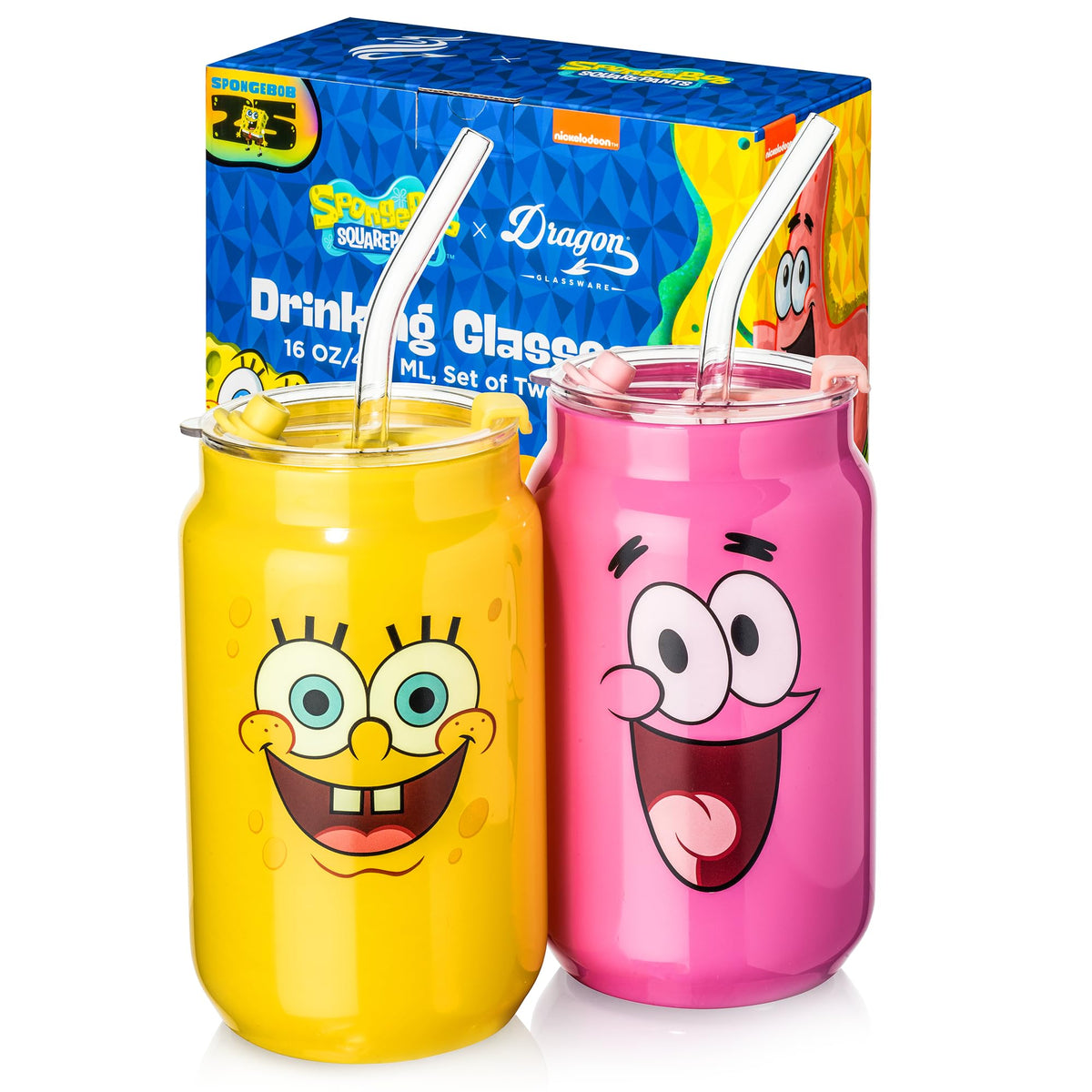 Dragon Glassware SpongeBob cups with lids and straws for cold drinks and easy on-the-go enjoyment.