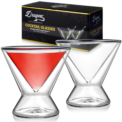 Dragon Glassware stemless martini glasses with 7 oz capacity for elegant cocktails.