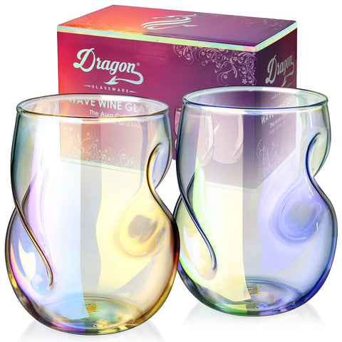 Dragon Glassware stemless wine glasses 16 oz with iridescent finish for upscale entertaining.