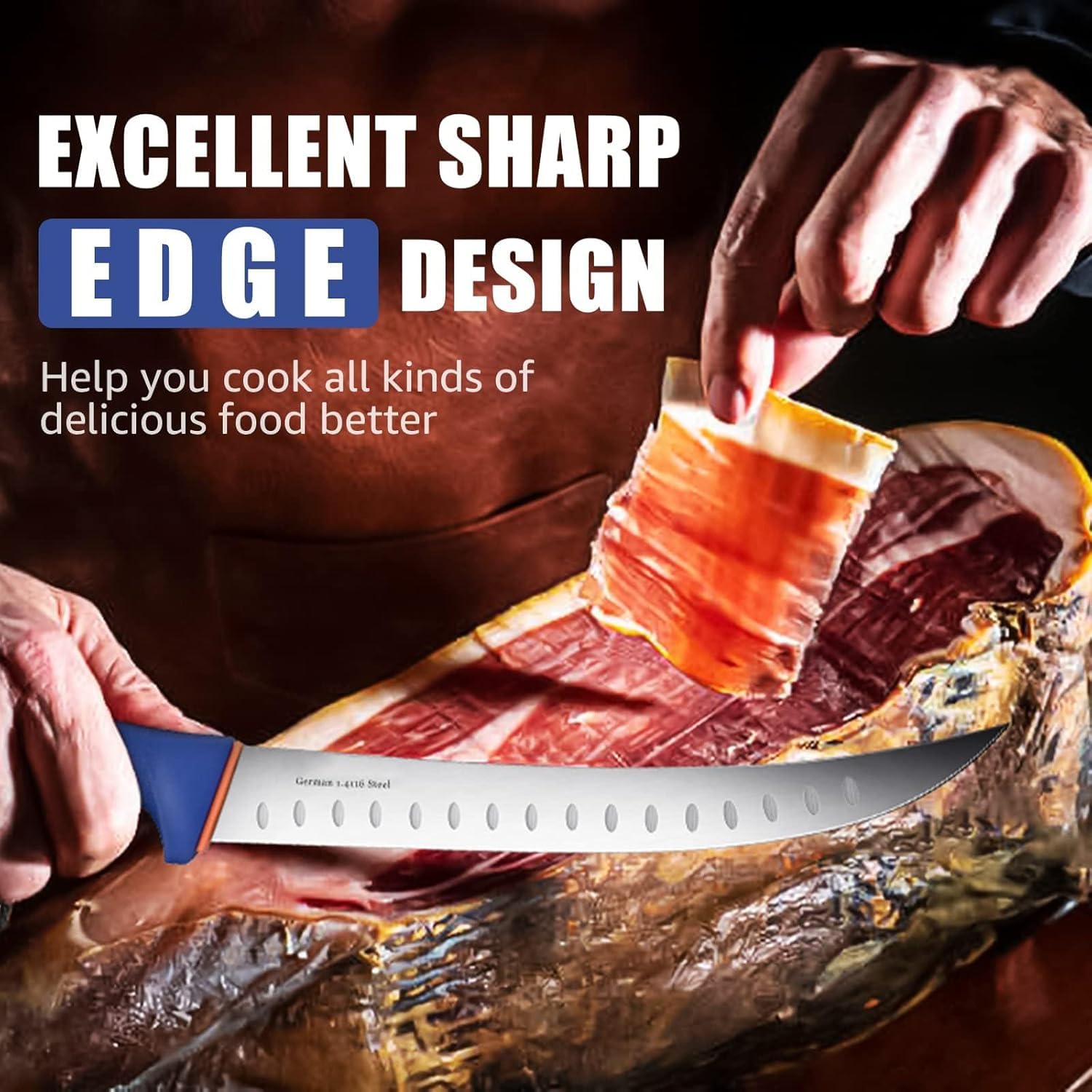 DRAGON RIOT 10-inch butcher knife slicing through meat.