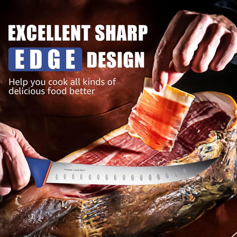 DRAGON RIOT 10-inch butcher knife slicing through meat.