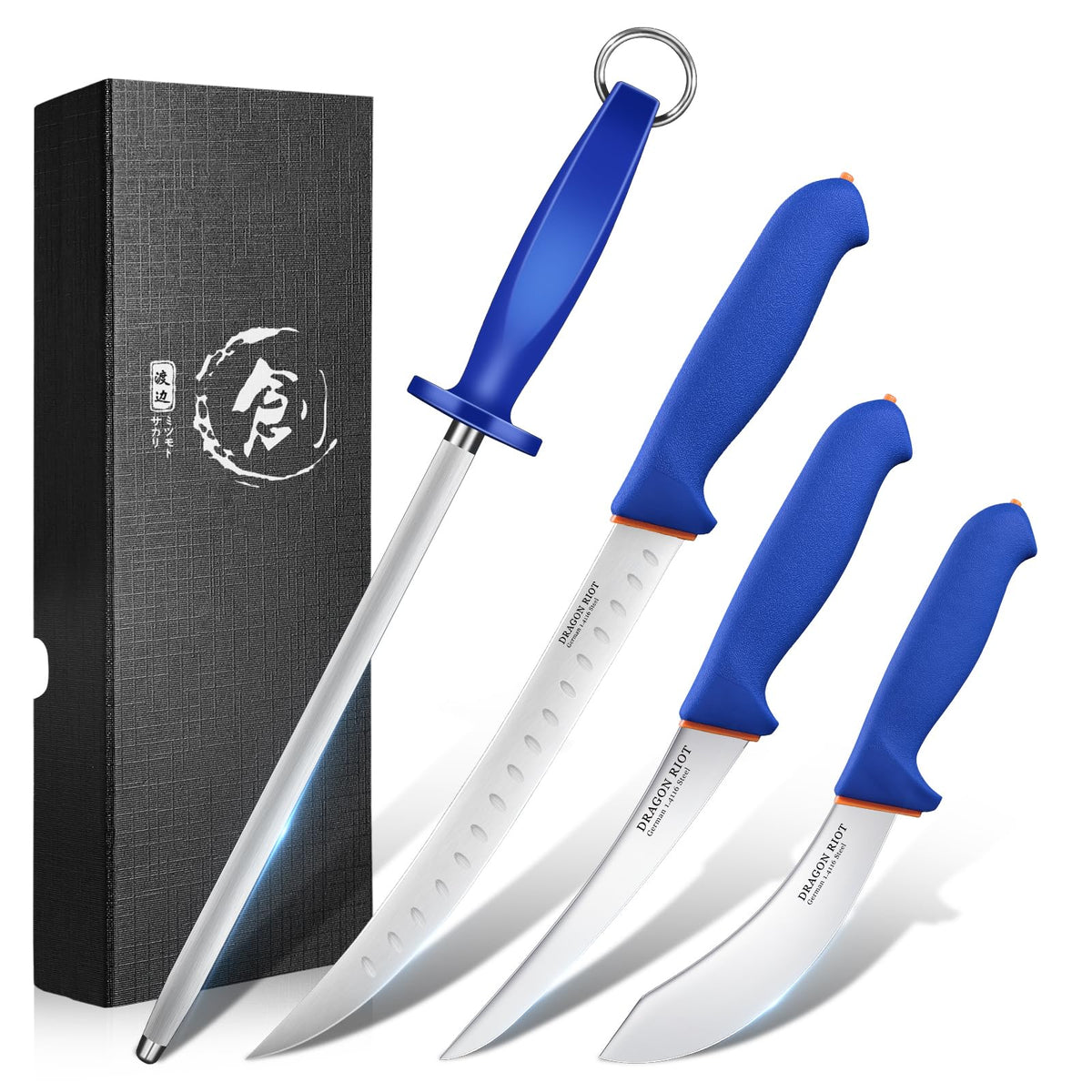 DRAGON RIOT 4-piece butcher set laid out for versatile kitchen tasks.