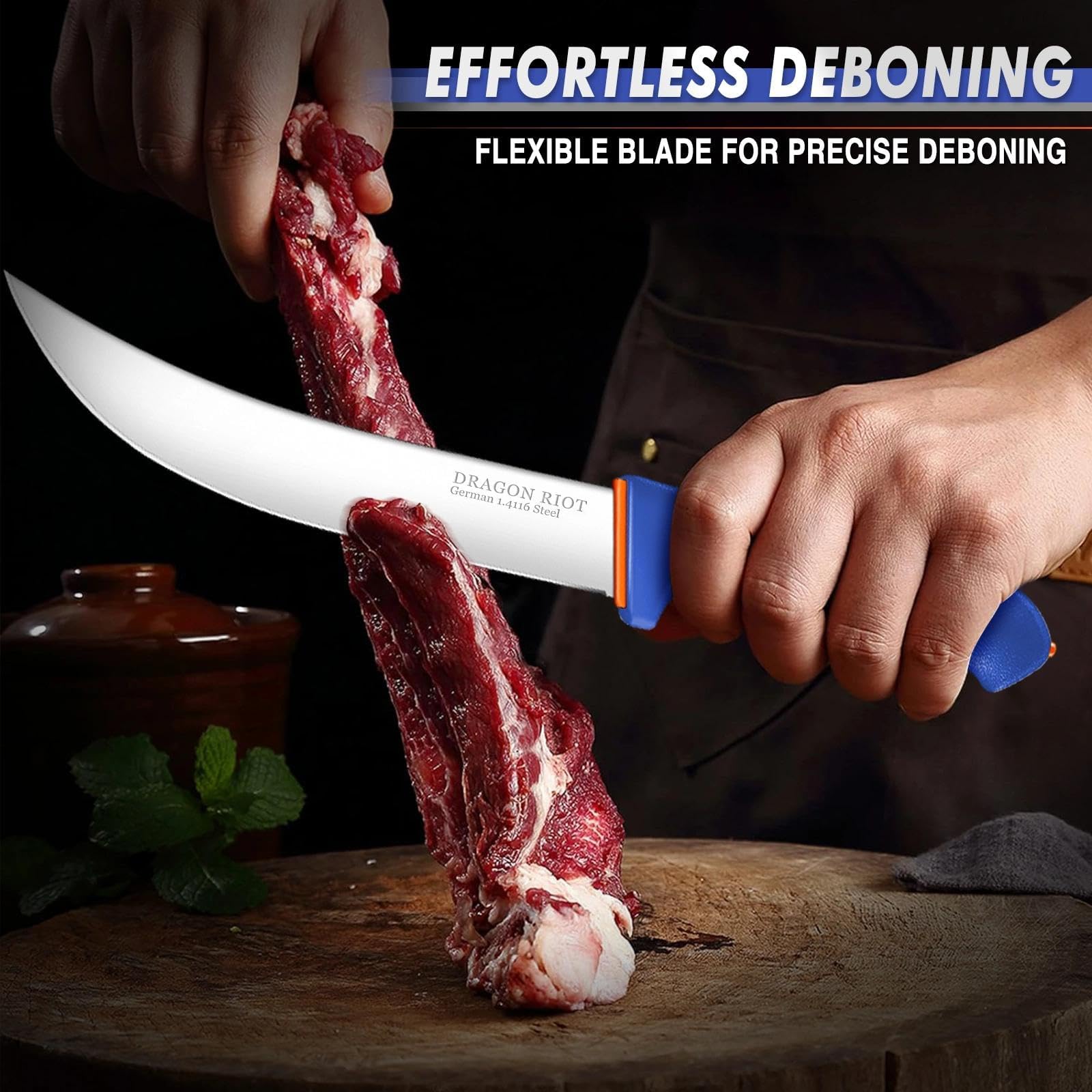 Dragon Riot 10-inch butcher knife in use for precise portioning
