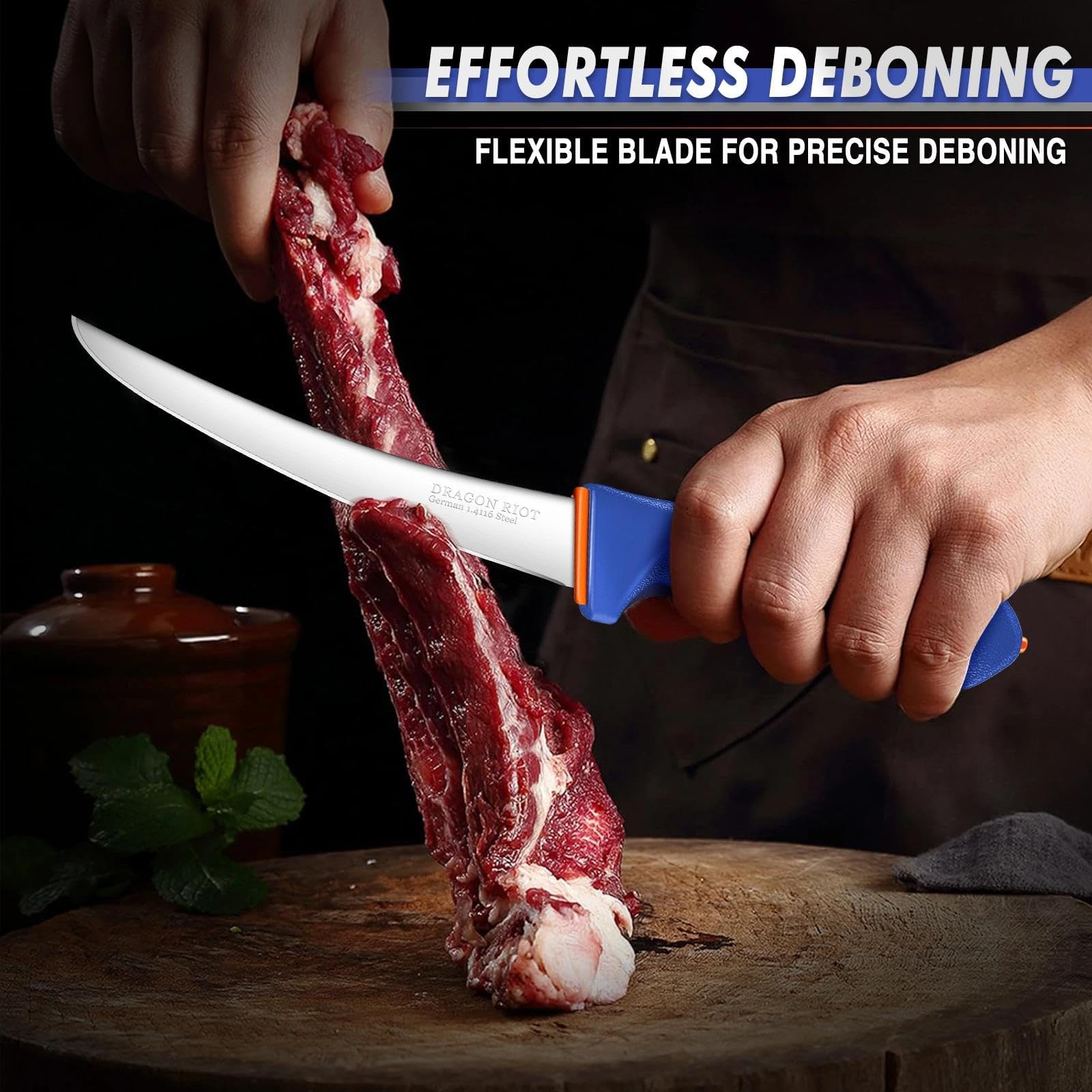 Dragon Riot ergonomic non-slip handle reduces fatigue during prep.