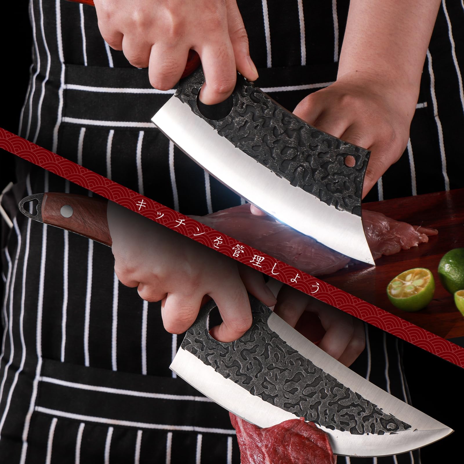 DRAGON RIOT hammered blade reduces sticking during chopping