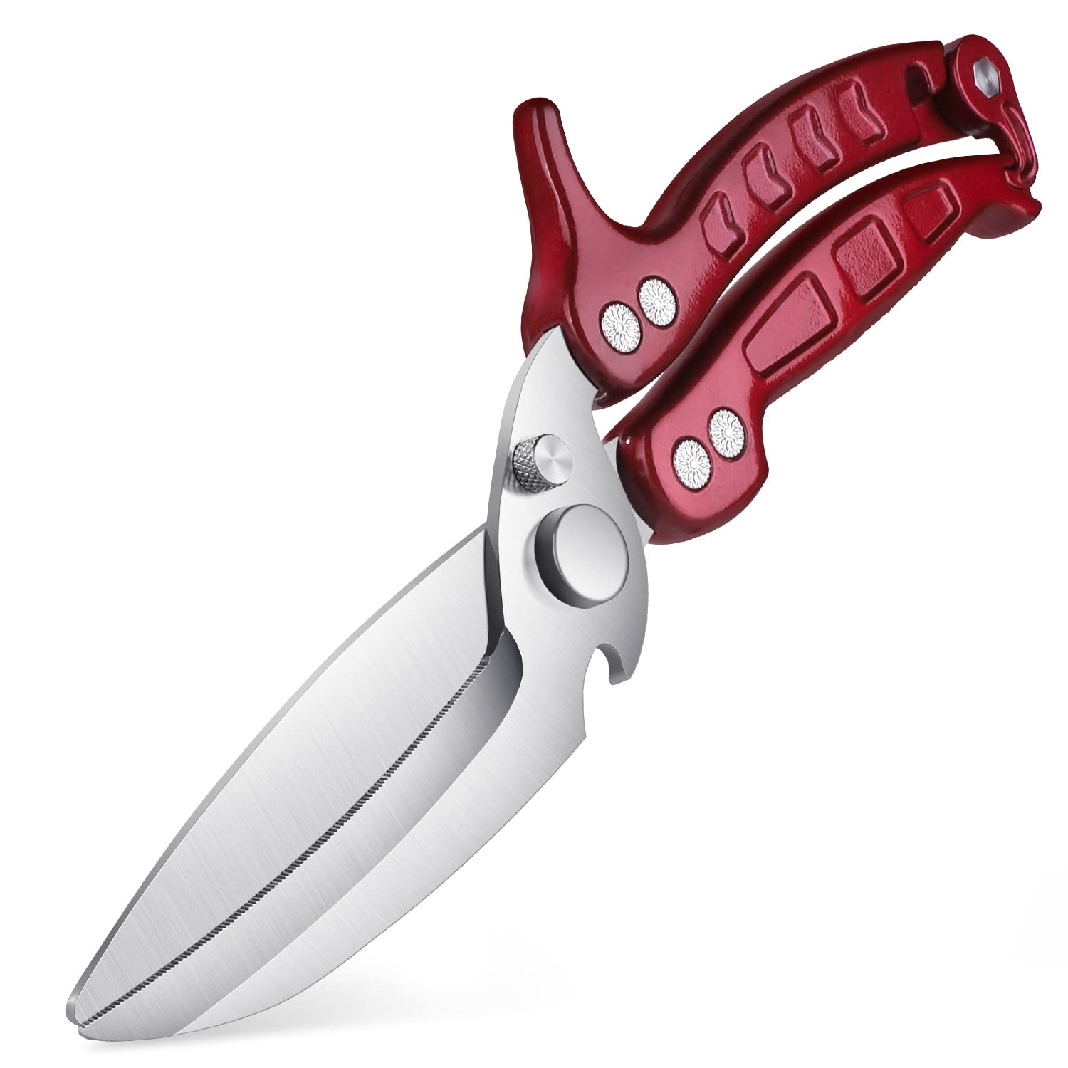 Dragon Riot heavy-duty poultry shears blade close-up showing sharp German stainless steel edge for tough cuts.