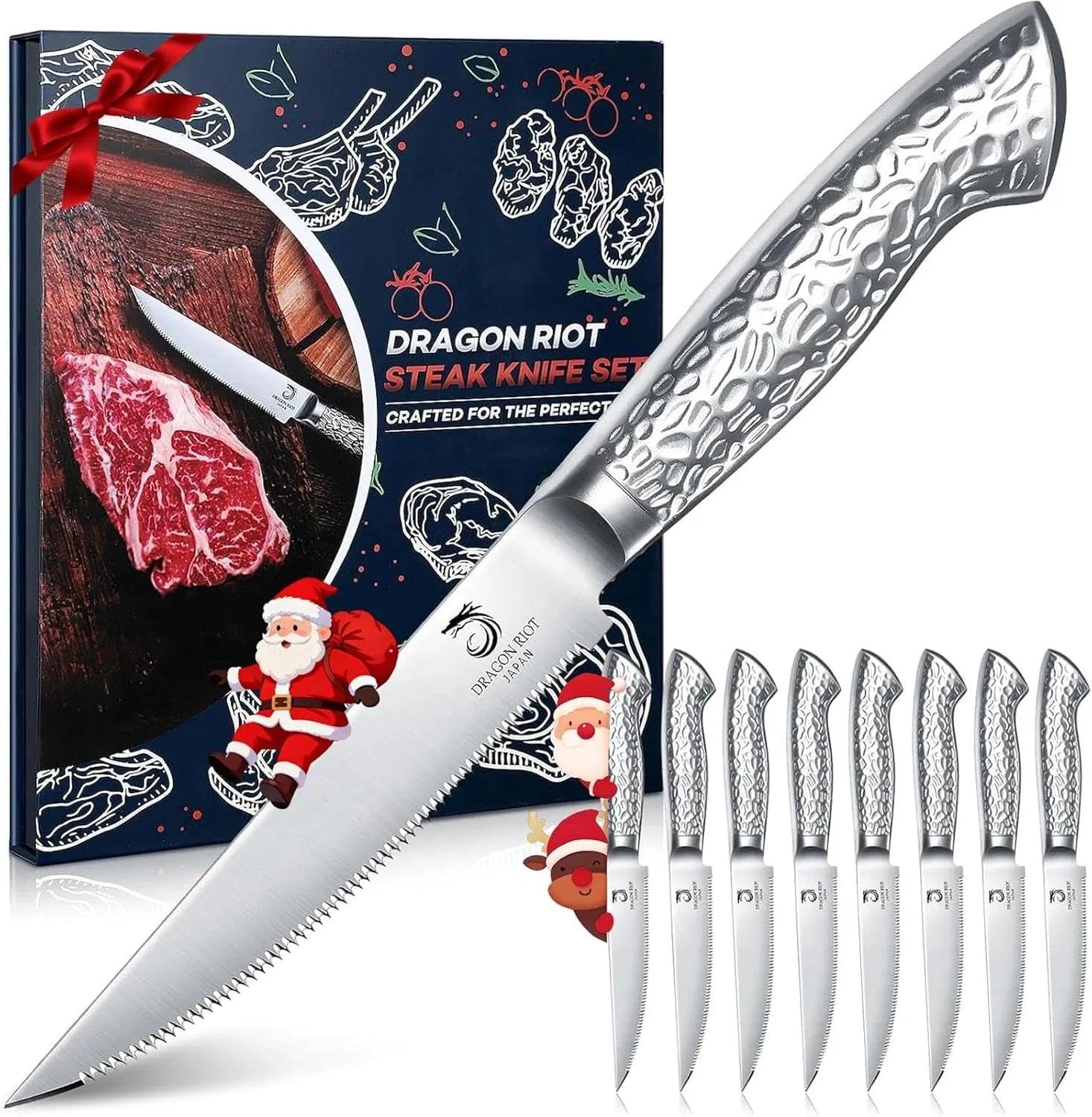 DRAGON RIOT steak knives 8-piece set full-metal close-up highlighting durability and modern finish.