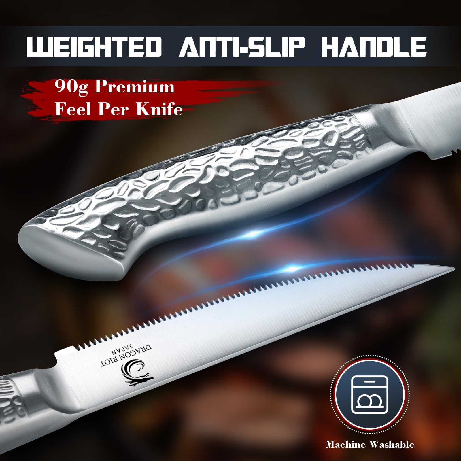 DRAGON RIOT steak knives ergonomic-handle demonstrates comfortable, secure grip.