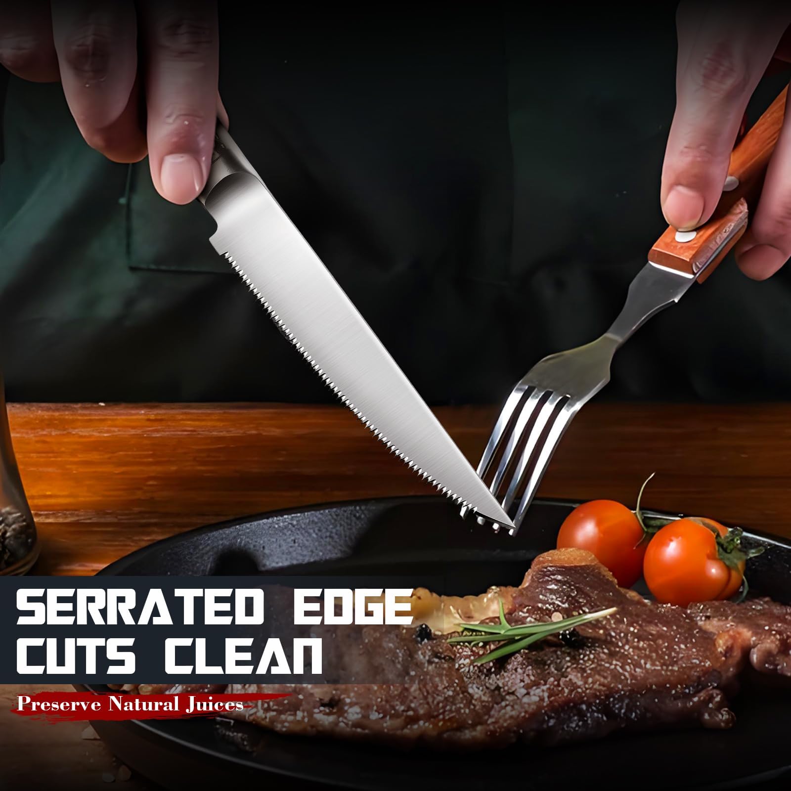 DRAGON RIOT steak knives serrated-edge close-up shows precise slicing capability.