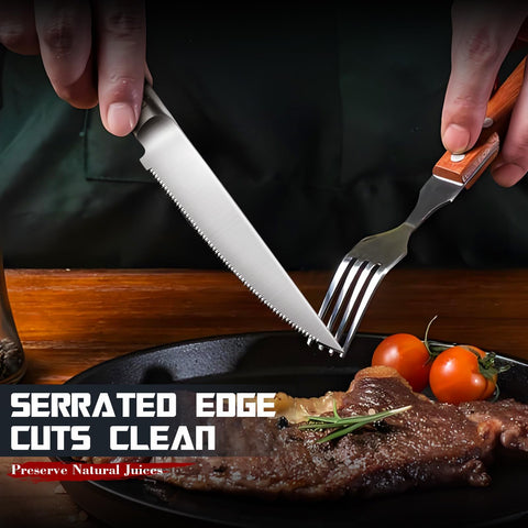 DRAGON RIOT steak knives serrated-edge close-up shows precise slicing capability.
