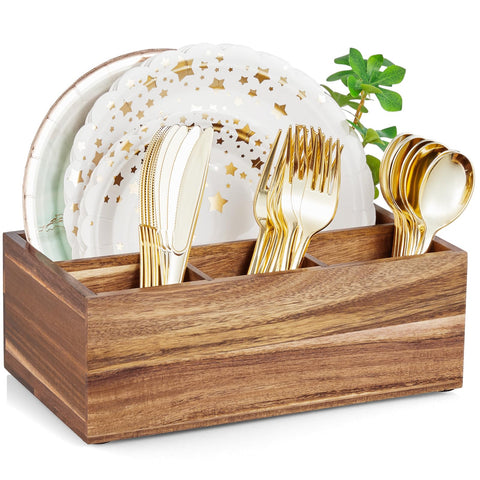 DRASTAR acacia paper plate dispenser keeps plates organized for parties and picnics
