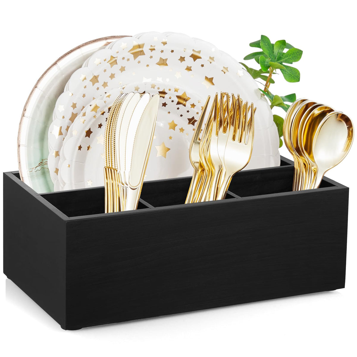 DRASTAR paper plate dispenser in warm wood finish keeps plates within easy reach at gatherings.