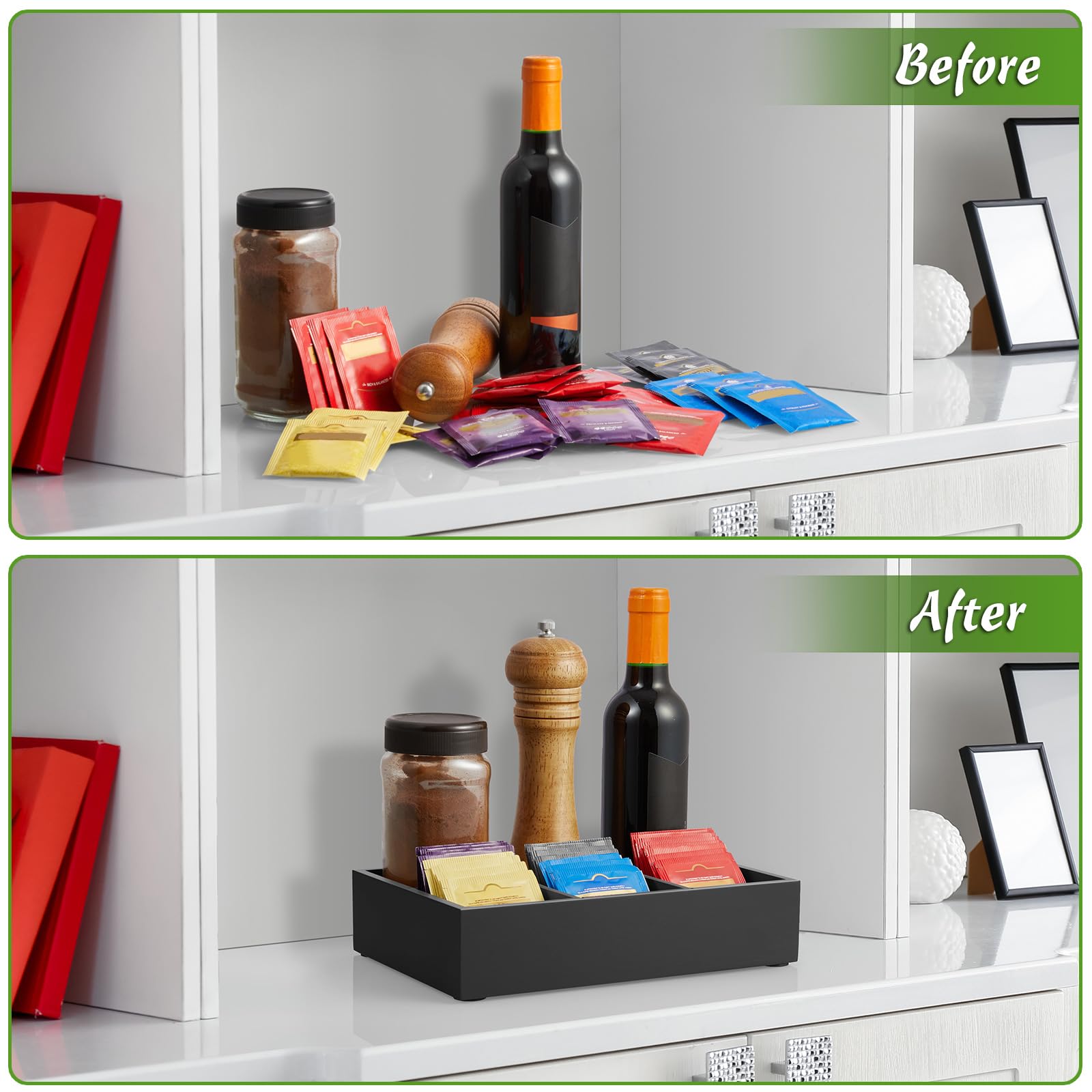 DRASTAR tea storage with removable dividers adapts to bag sizes