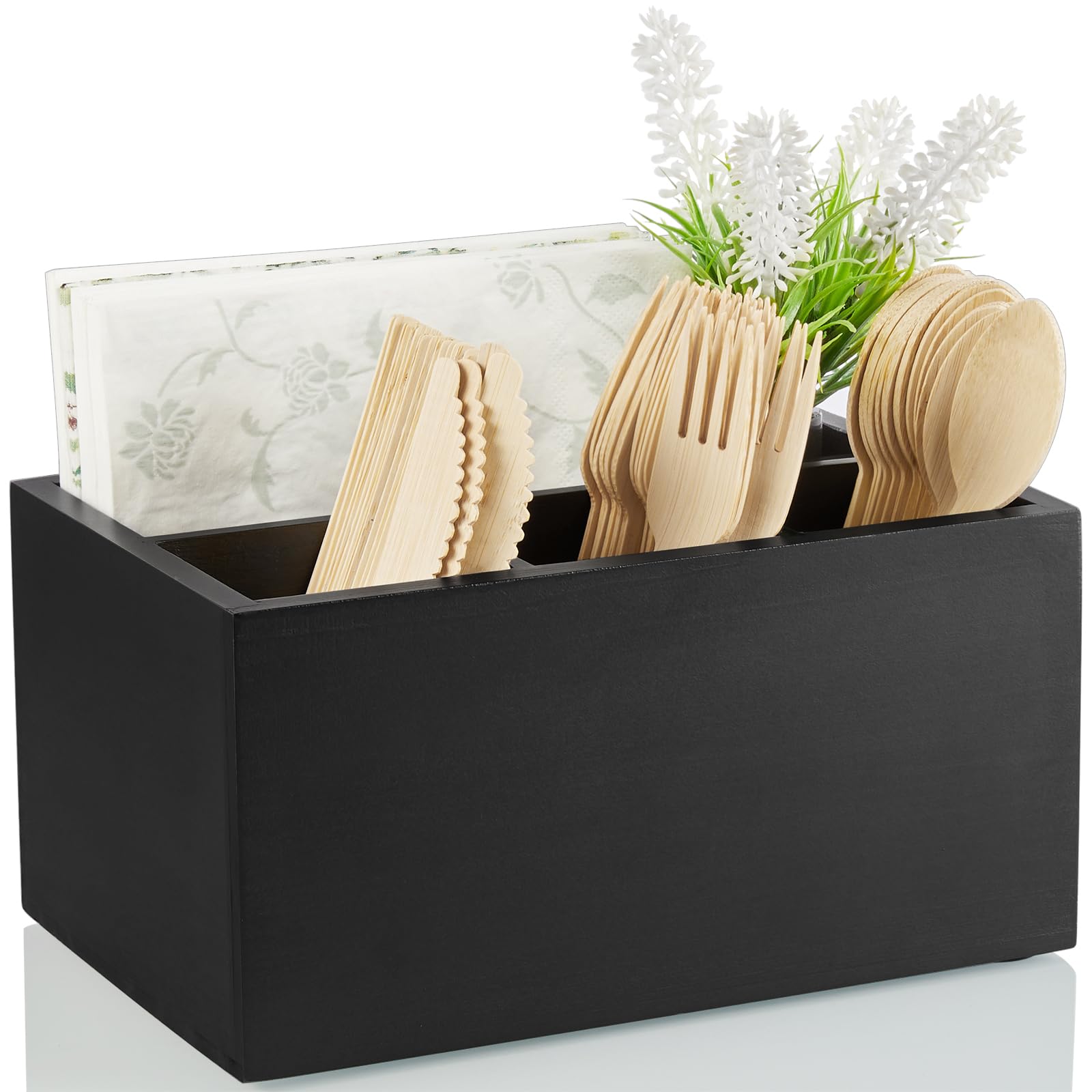 DRASTAR silverware caddy with wooden holder and open compartments for quick serving.