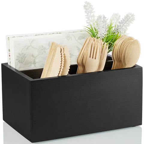 DRASTAR silverware caddy with wooden holder and open compartments for quick serving.