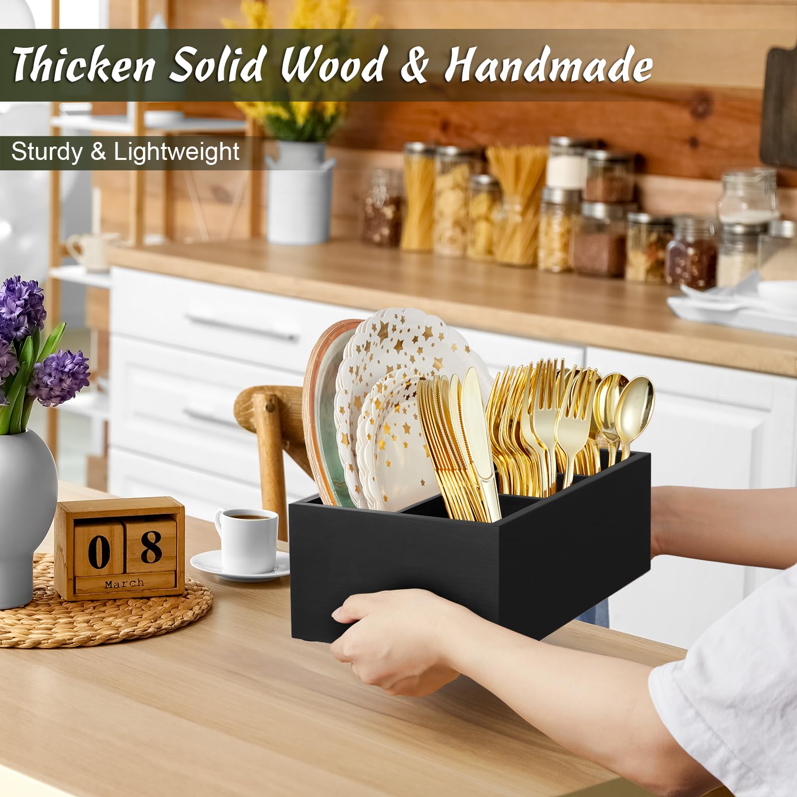 DRASTAR wooden silverware caddy organizes forks, knives, and spoons neatly for serving.