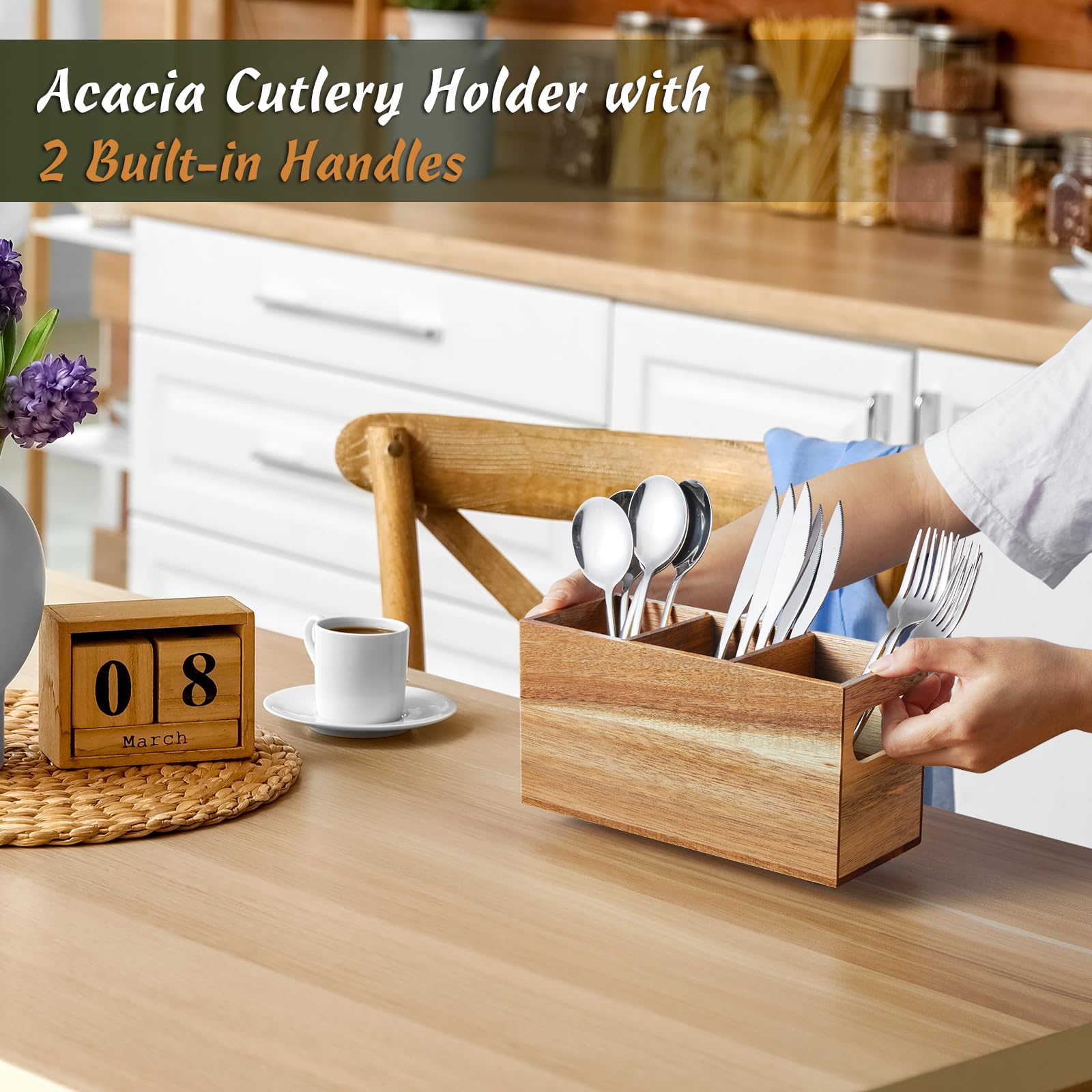DRASTAR silverware holder with removable dividers keeps utensils neatly separated.