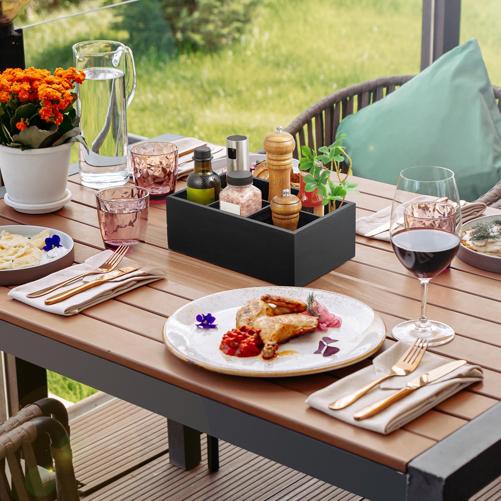 DRASTAR wooden caddy with felt bottom protects counters during events.