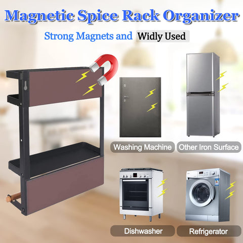 Magnetic shelf holds up to 15 pounds for spices and snacks.