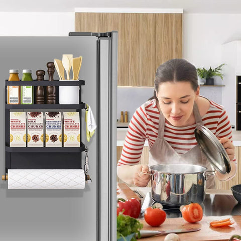 Dr.BeTree magnetic shelf installs without drilling for easy fridge organization.
