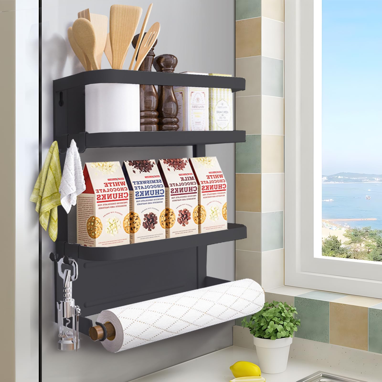 Dr.BeTree magnetic spice rack on fridge door keeps spices organized and accessible.