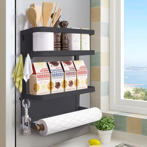 Dr.BeTree magnetic spice rack on fridge door keeps spices organized and accessible.
