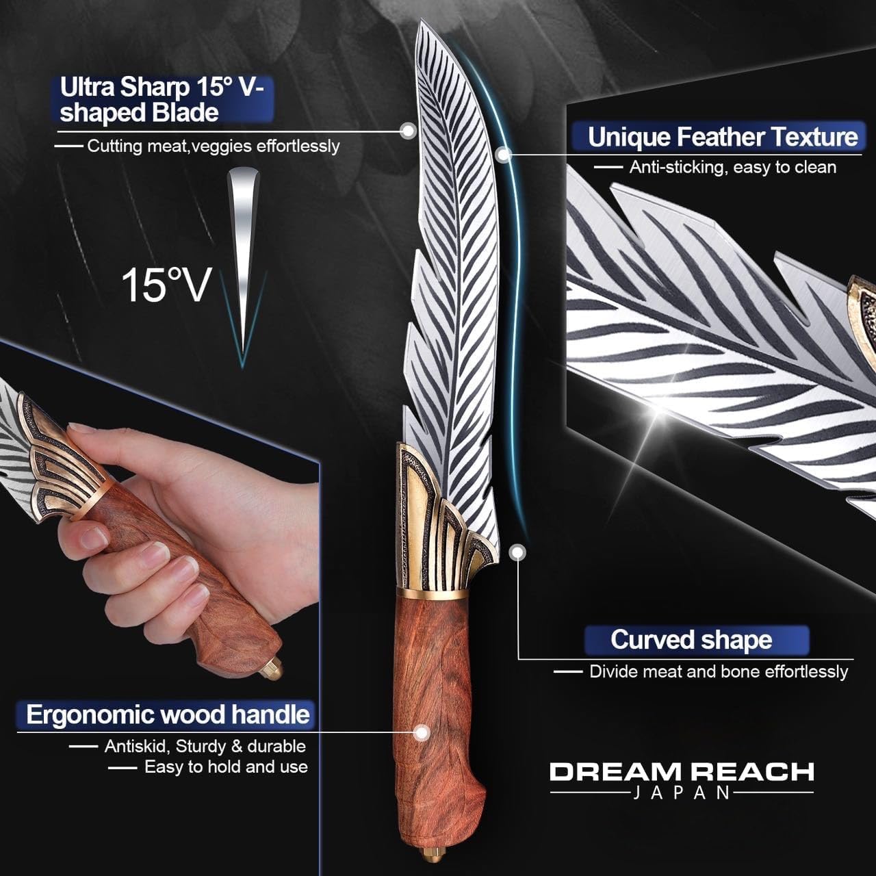 Dream Reach Feather Knife wooden grip offers comfortable, non-slip control