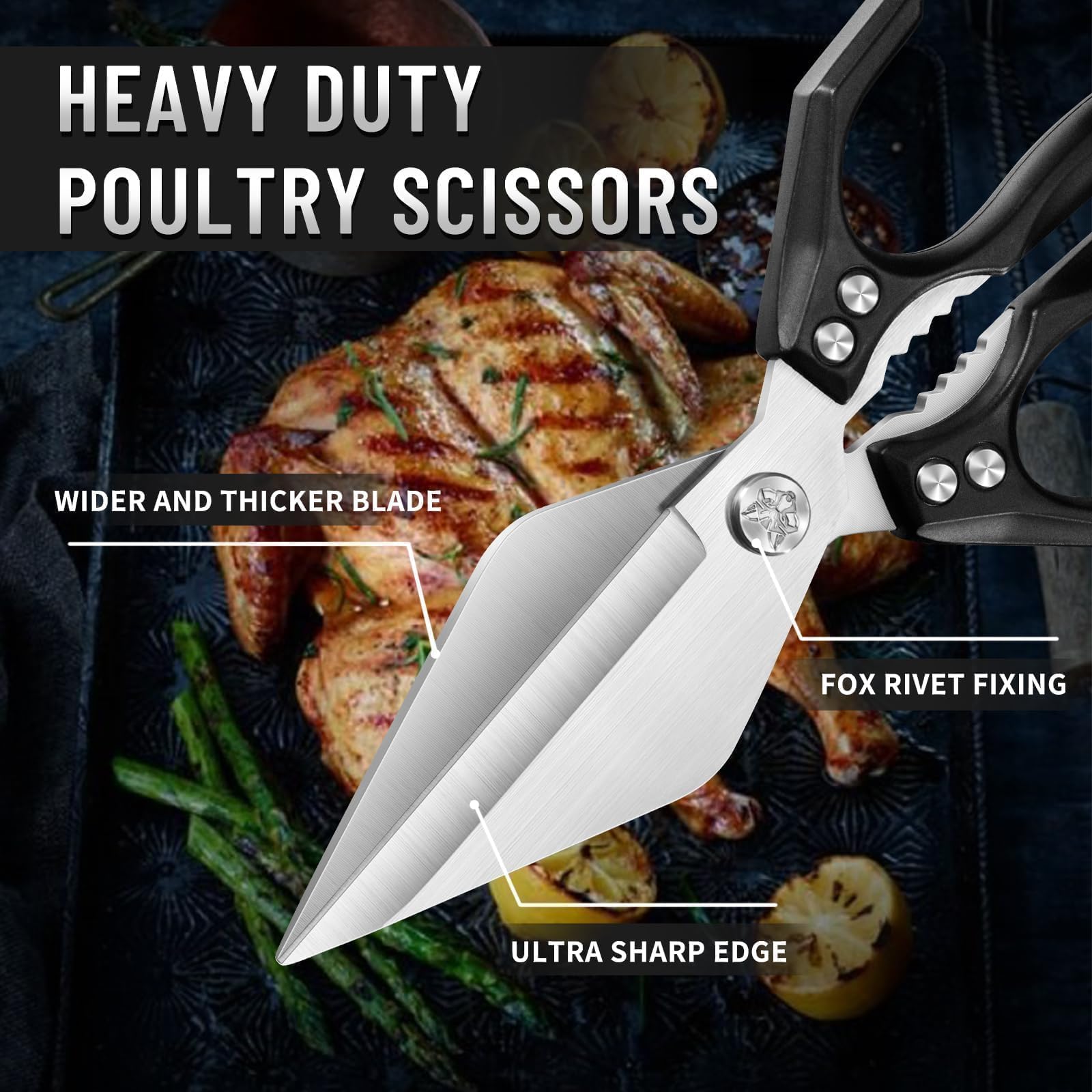 Dream Reach kitchen shears used on chicken bones proves heavy-duty cutting capability.