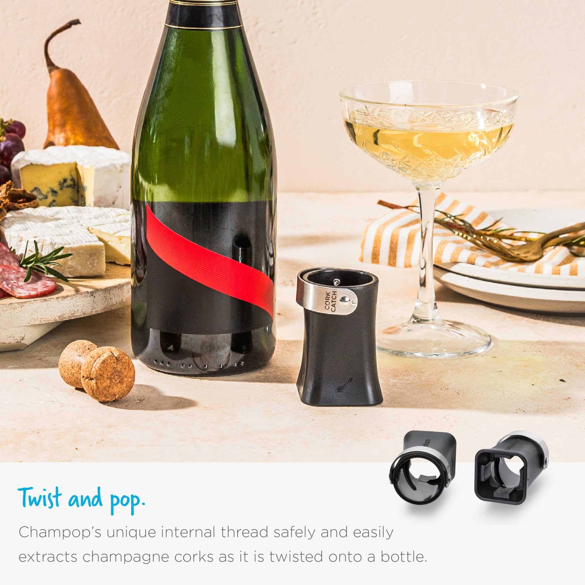 Dreamfarm Champop gas vents slow the cork for indoor and outdoor use.