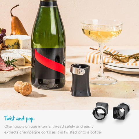 Dreamfarm Champop gas vents slow the cork for indoor and outdoor use.