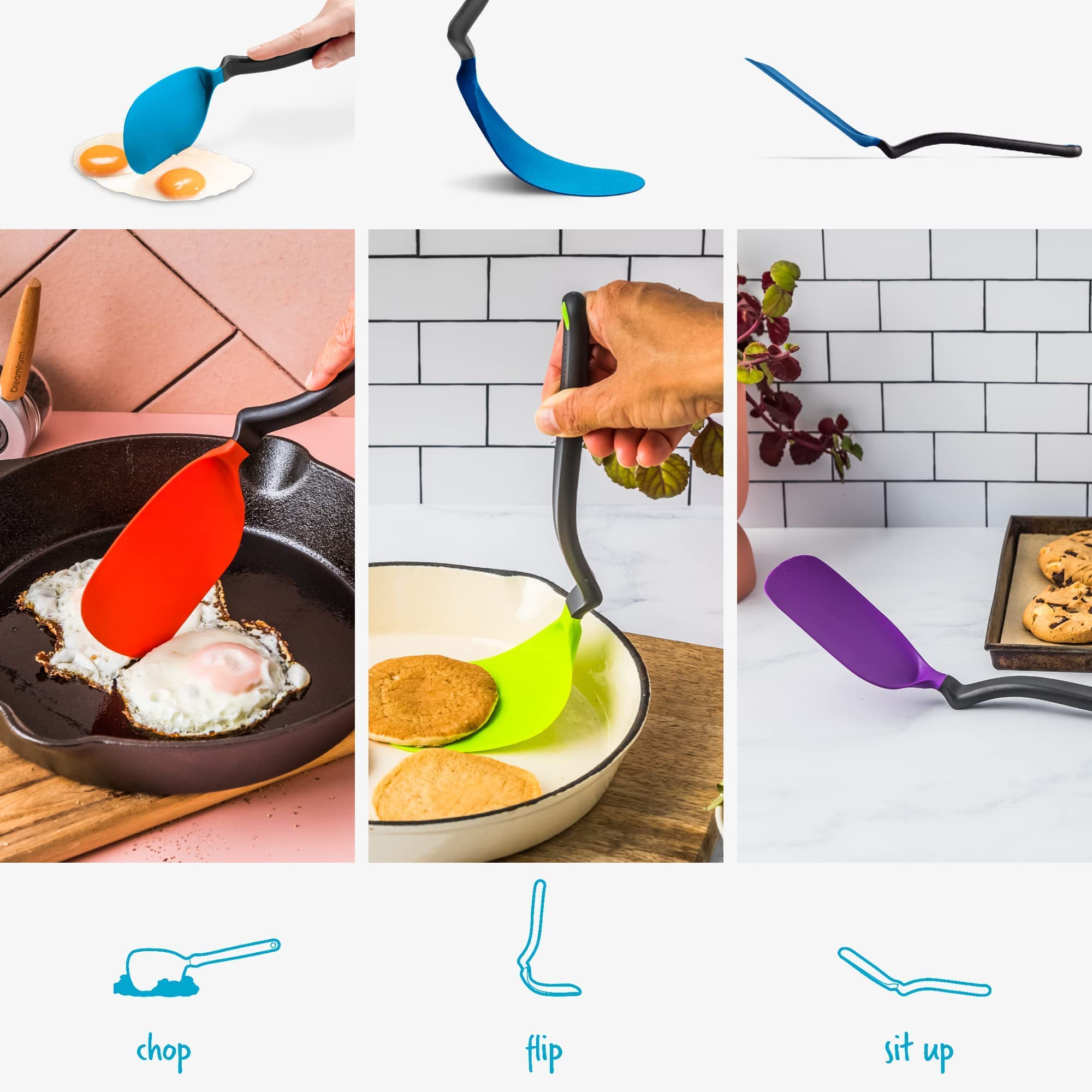 Dreamfarm Chopula angled curved head reaches pan corners with ease.