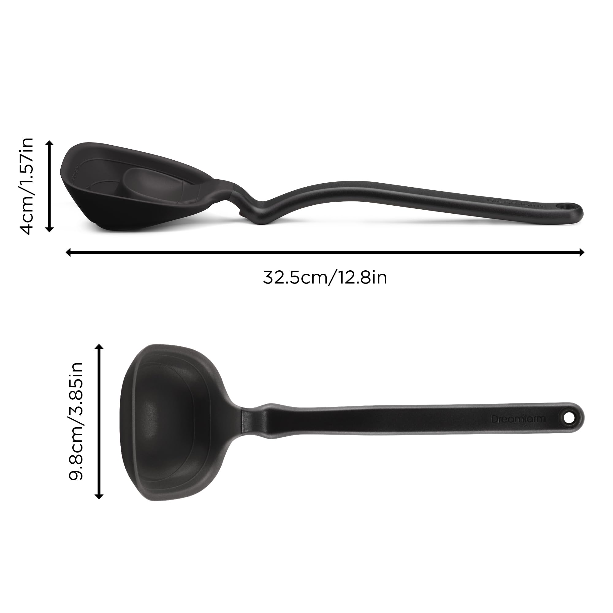 Dreamfarm Fladle measuring marks show 1/2 cup and 1/4 cup portions.