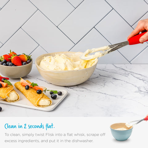Dreamfarm Flisk Balloon Whisk Black folds to prevent tangling in drawers.