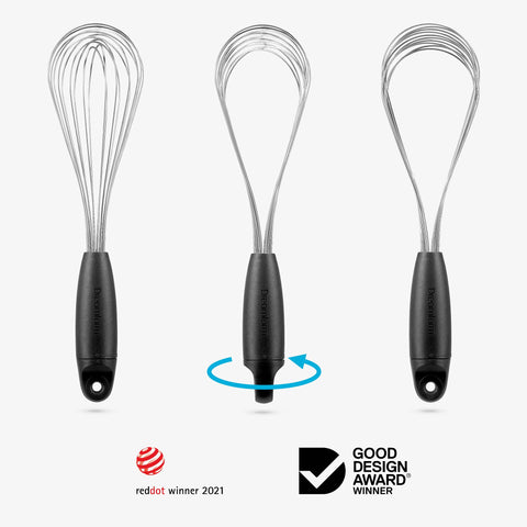 Dreamfarm Flisk Balloon Whisk Black flat whisk mode aids deglazing.
