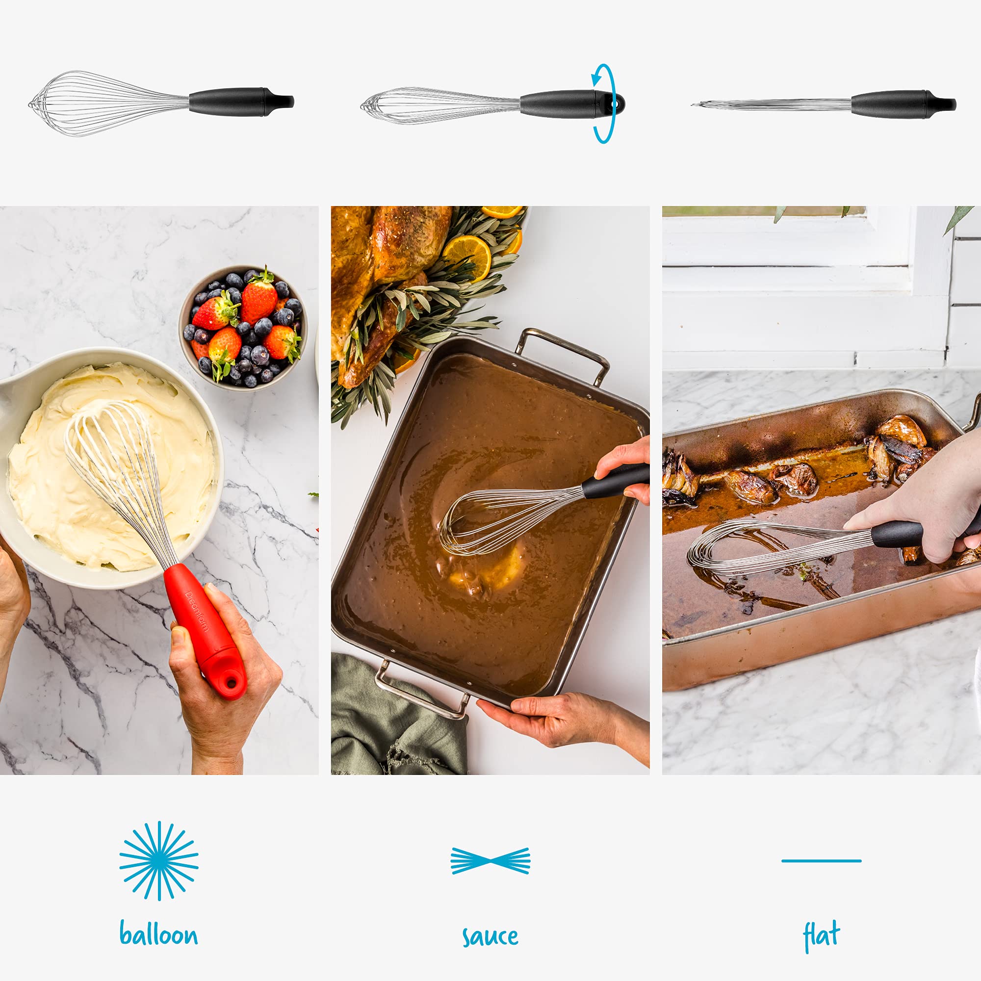 Dreamfarm Flisk Balloon Whisk Black shows sauce whisk mode for shallow liquids.