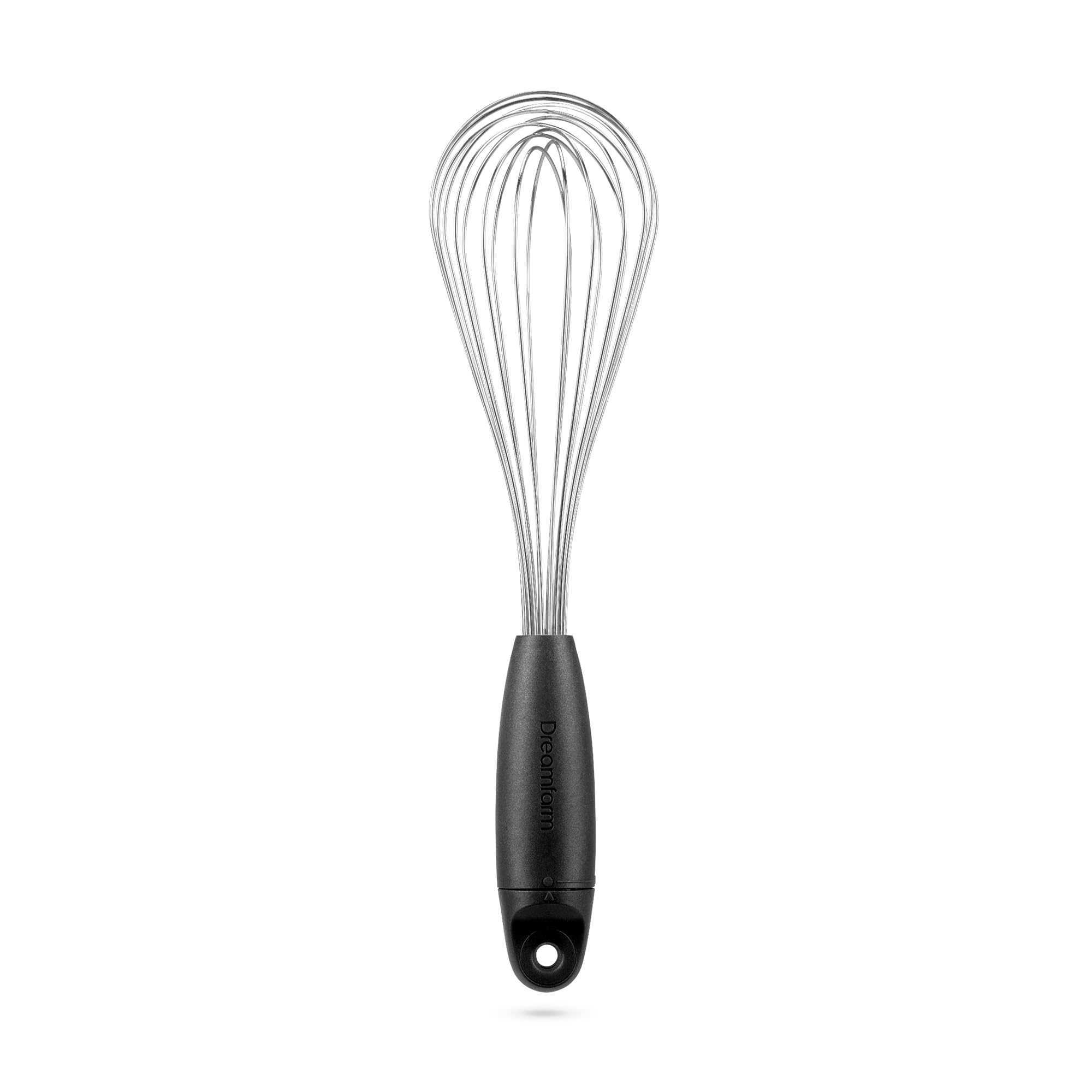 Dreamfarm Flisk Balloon Whisk Black viewed from top shows durable wires for airy batters.