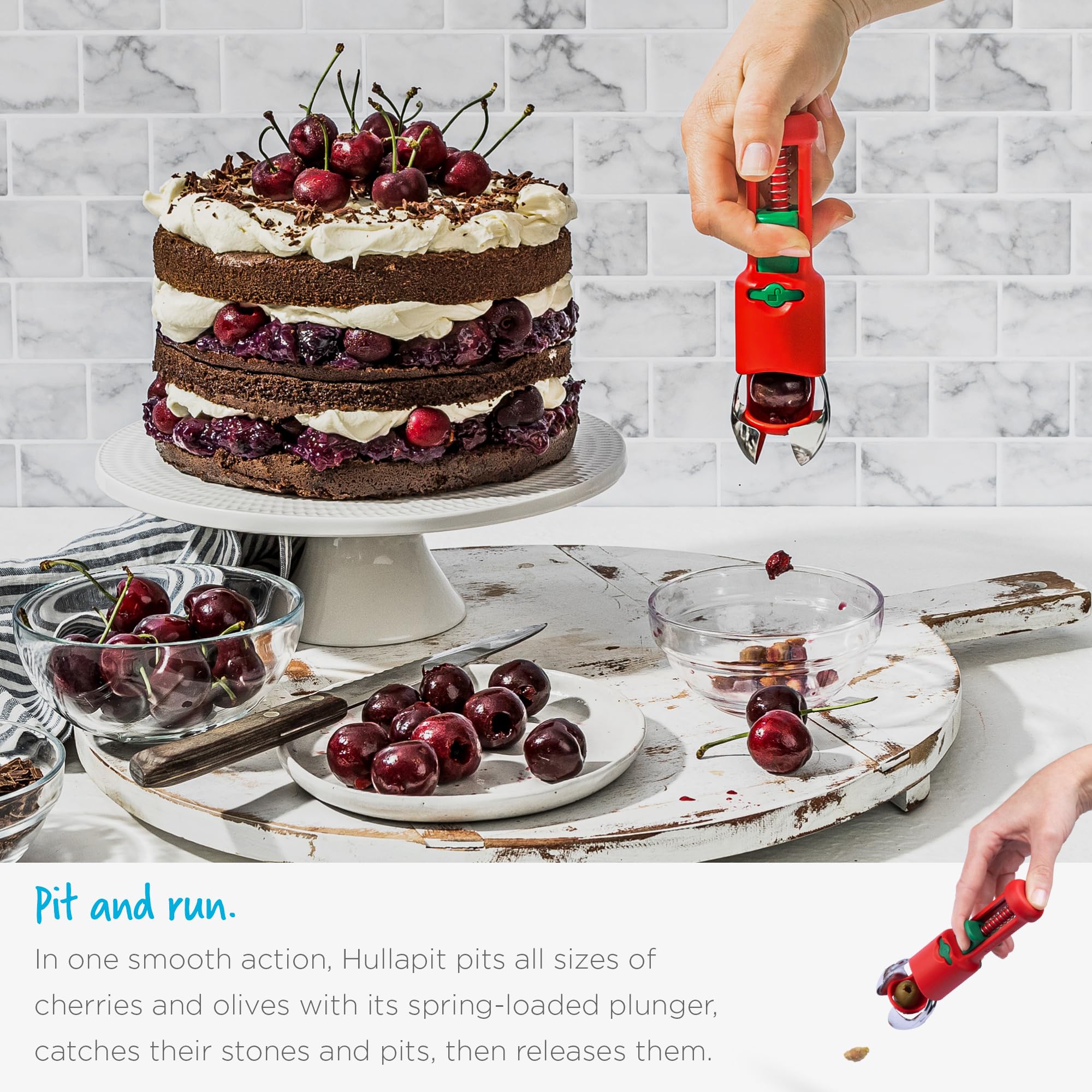 Dreamfarm Hullapit spring-loaded plunger for easy pitting.