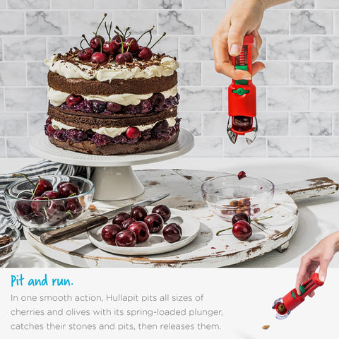 Dreamfarm Hullapit spring-loaded plunger for easy pitting.